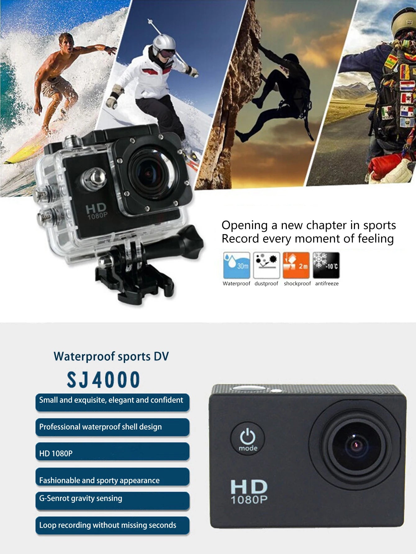 Ulkourheilukamera, vedenpitävä sukelluspyörätallennin, DV Panoramic 2 tuuman näytön autotallennin, HD Mini -monitoimikamera