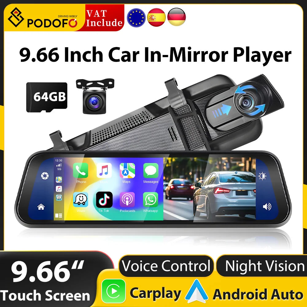 Podofo 9,66" 1080P Dash Cam CarPlay Mirror Monitor Takakamera Android Auto IPS Kosketusnäyttö Auto ADAS DVR Videotallennus
