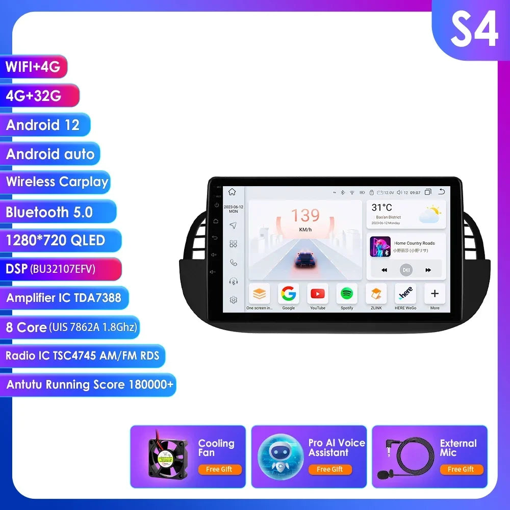 4G Carplay 2Din Android Auto Radio for FIAT 500 Car Multimedia Player Stereo GPS Navigation DVD Video DSP RDS DTV AM FM Audio BT