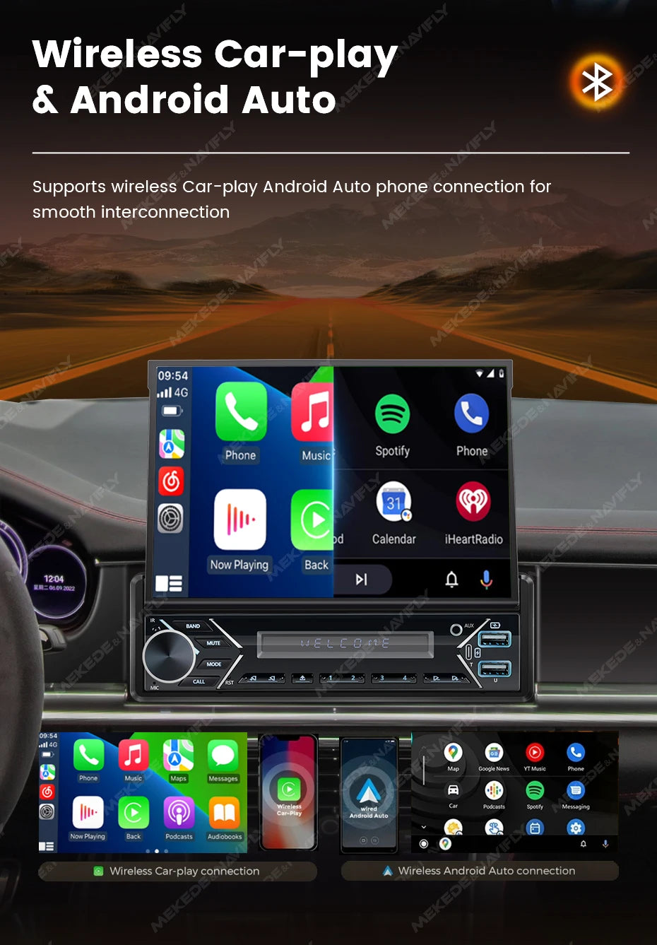 MEKEDE 1Din 7" Retractable Screen MP5 Player Car Radio Android Auto Carplay Universal GPS Navi Car Multimedia Intelligent System