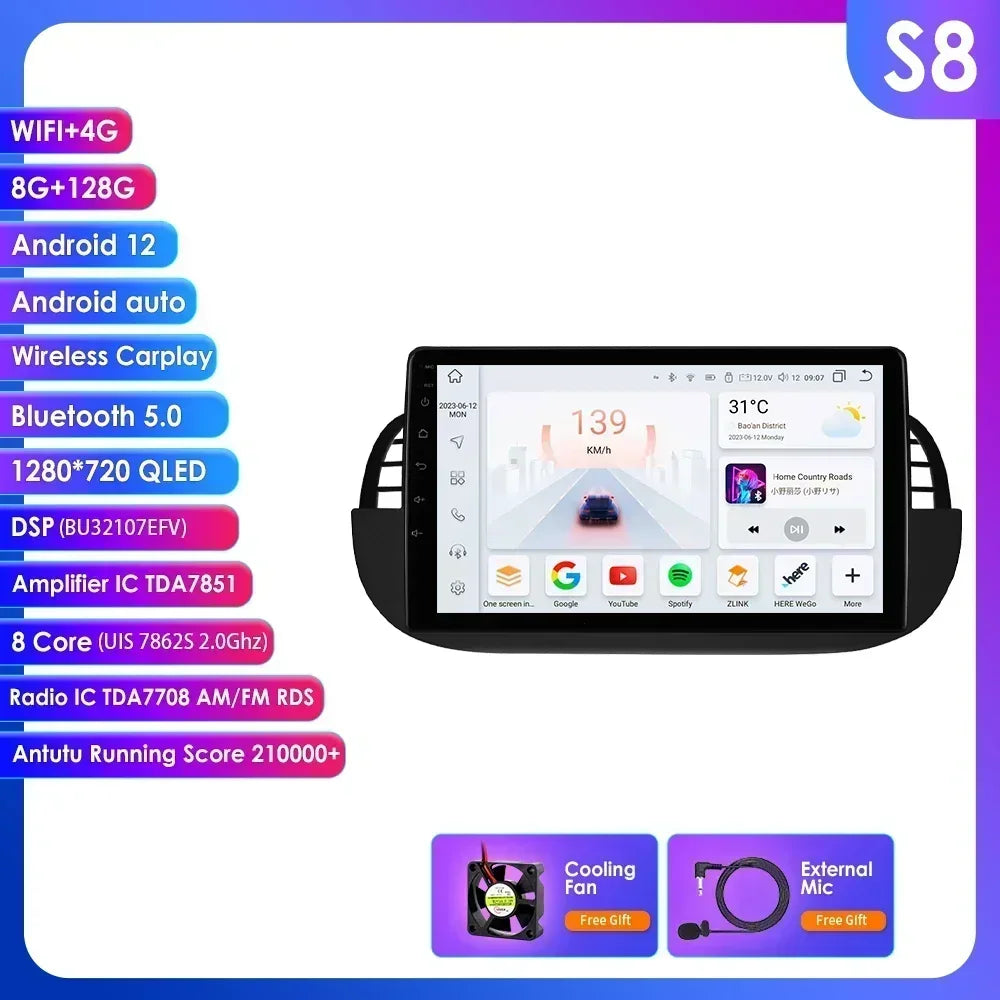 4G Carplay 2Din Android Auto Radio for FIAT 500 Car Multimedia Player Stereo GPS Navigation DVD Video DSP RDS DTV AM FM Audio BT