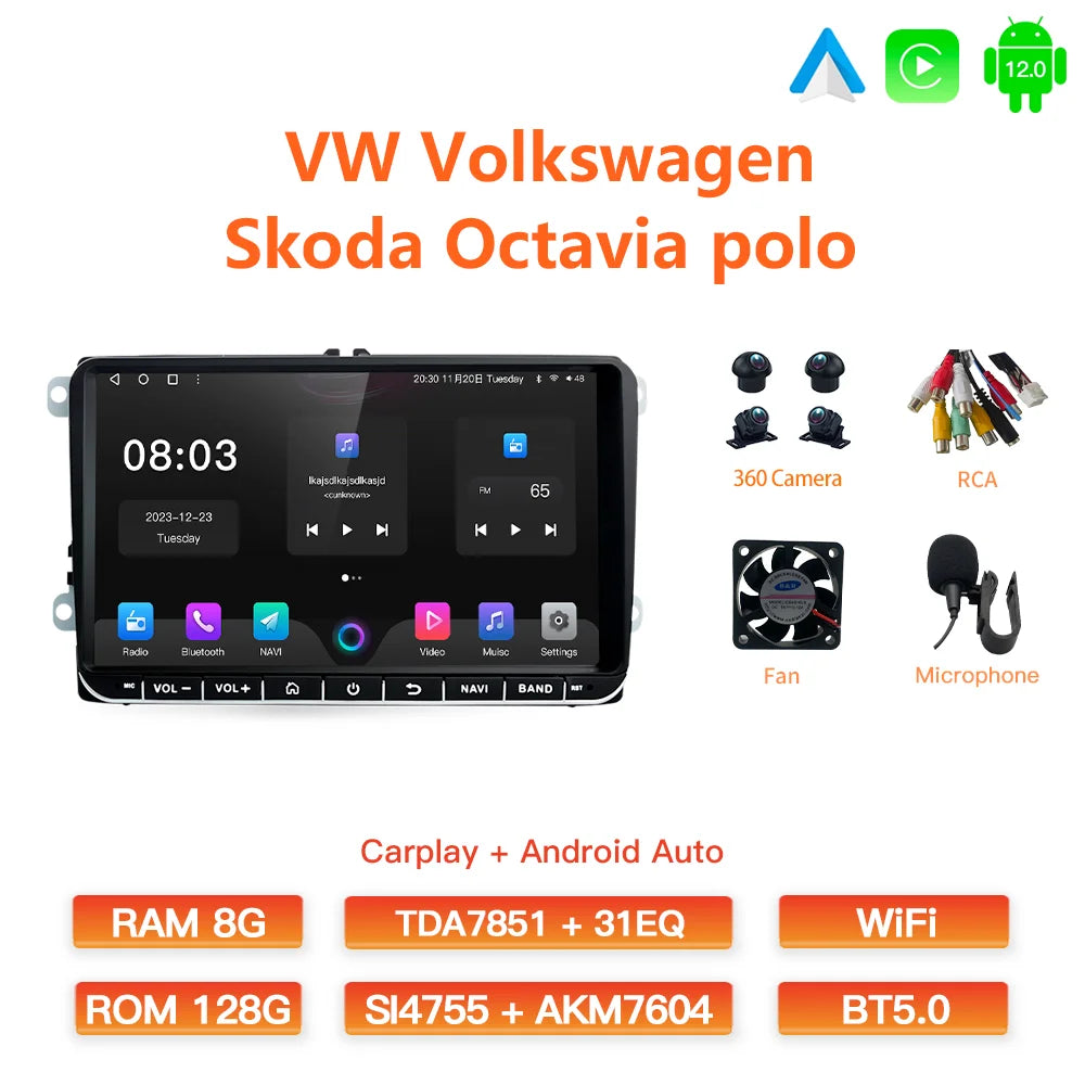GATAXASKY 9" Car Radio multimedia player For VW Volkswagen Passat B7 B6 Golf Touran Polo Tiguan Jetta 2 din Android 12 Carplay