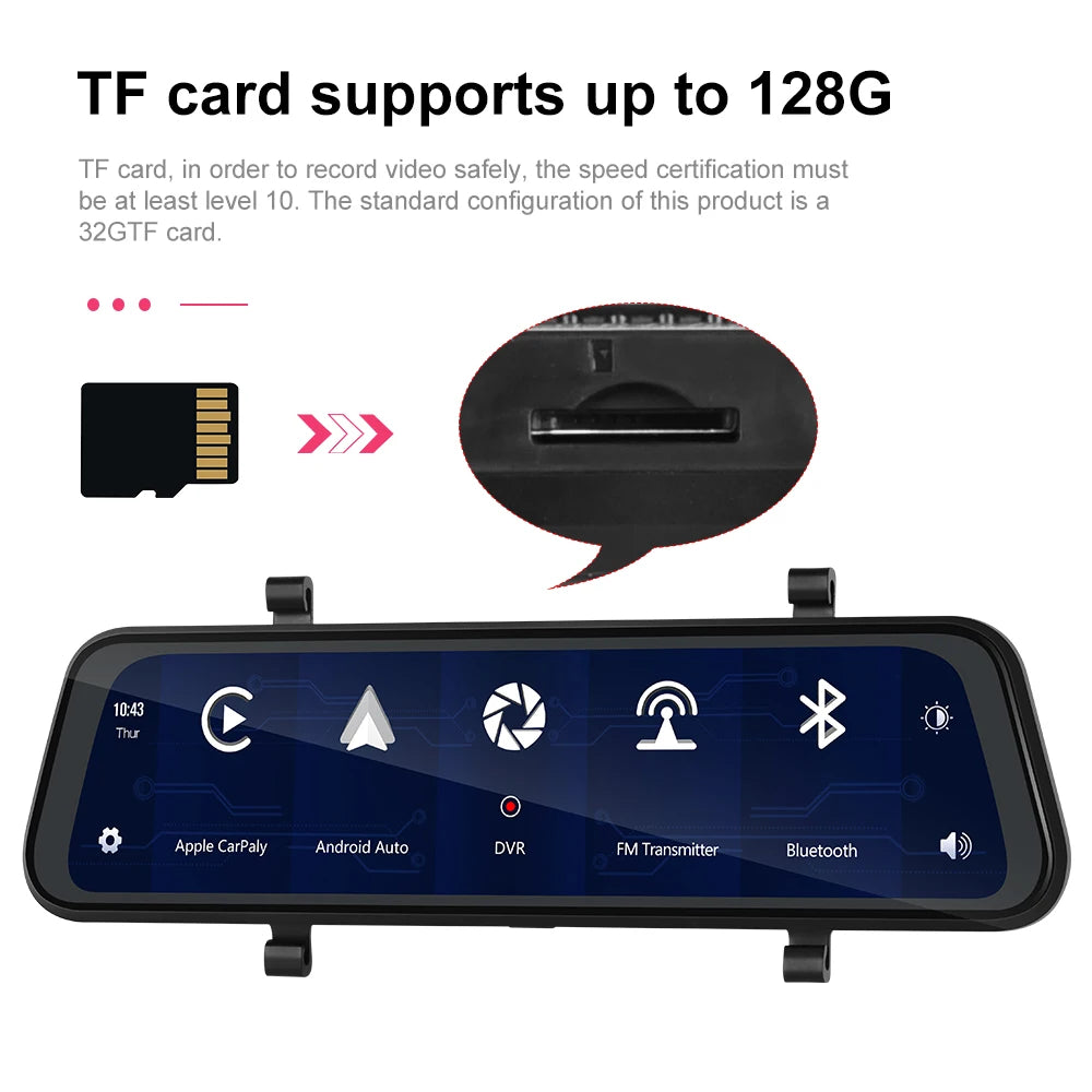 Podofo 9,66" 1080P Dash Cam CarPlay Mirror Monitor Takakamera Android Auto IPS Kosketusnäyttö Auto ADAS DVR Videotallennus