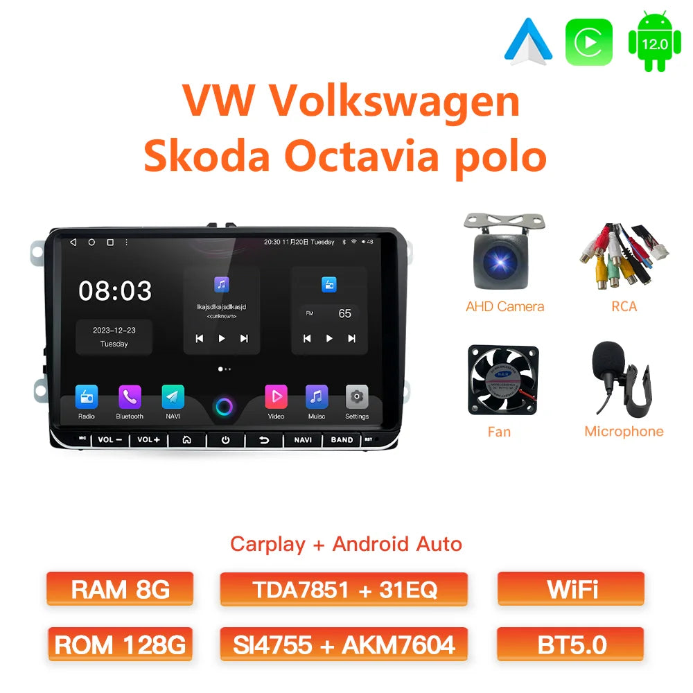 GATAXASKY 9" Car Radio multimedia player For VW Volkswagen Passat B7 B6 Golf Touran Polo Tiguan Jetta 2 din Android 12 Carplay