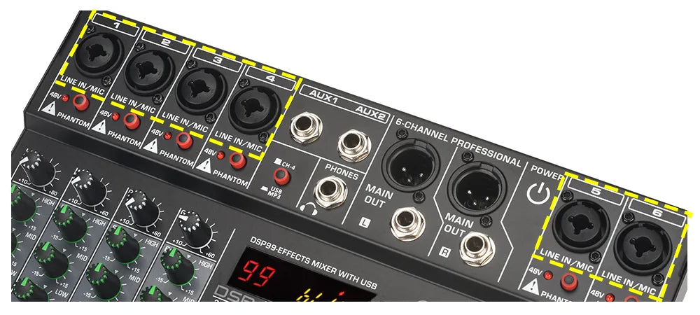 LOMEHO 6 Mono Channels Mixing Console 99 Digital Effects Bluetooth USB PC Sound Audio Mixer with 48V for Karaoke Church AM-GT6