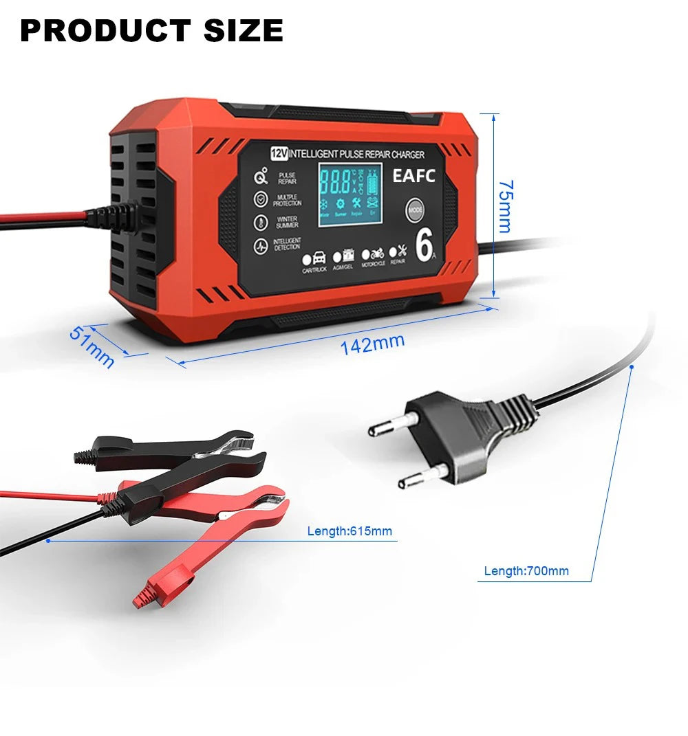 Car Battery Charger 6A 12V Car and Motorcycle Battery Charging Device Lead-acid Battery Smart Repair LCD Display