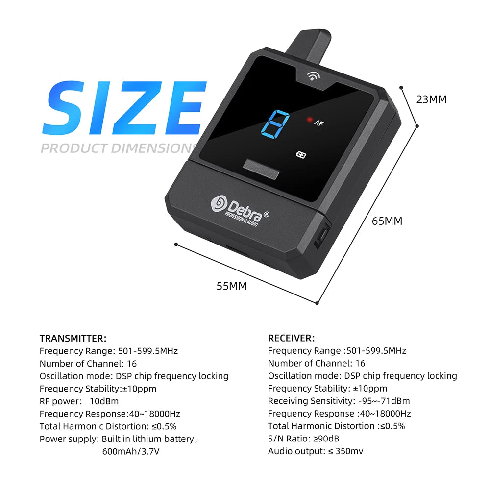 Debra IEM Wireless In-Ear Monitor System Audio-Mini UHF Rechargeable Portable for Music Audio Monitoring Live Broadcast