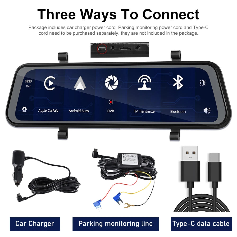 Podofo 9,66" 1080P Dash Cam CarPlay Mirror Monitor Takakamera Android Auto IPS Kosketusnäyttö Auto ADAS DVR Videotallennus
