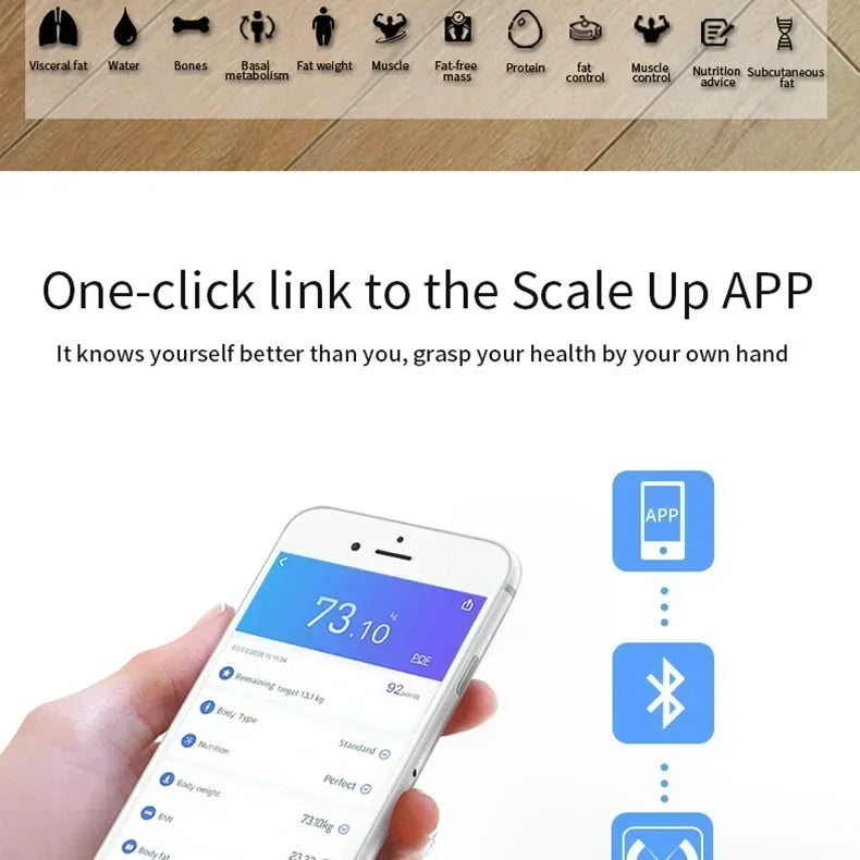 BMI Bluetooth Fat Scale Älykäs digitaalinen kylpyhuonepaino Langaton painovaaka USB-ladattava älypuhelinsovellus