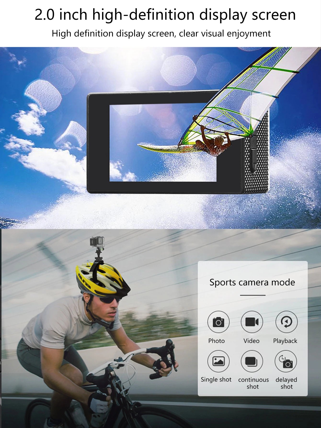 Ulkourheilukamera, vedenpitävä sukelluspyörätallennin, DV Panoramic 2 tuuman näytön autotallennin, HD Mini -monitoimikamera