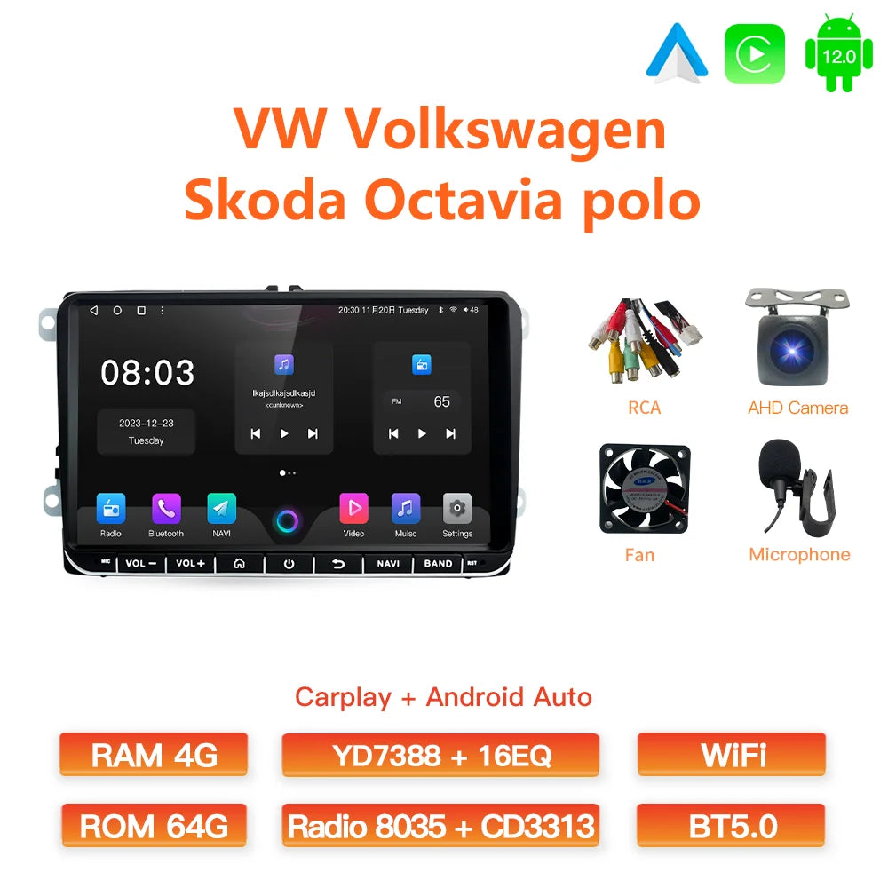 GATAXASKY 9" Car Radio multimedia player For VW Volkswagen Passat B7 B6 Golf Touran Polo Tiguan Jetta 2 din Android 12 Carplay