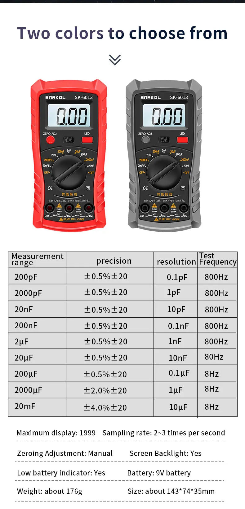 SK-6013 Digital Capacimeter Professional Capacitance Meter 20000uf Capacitor Tester 1999 Counts Electrician Multimeter