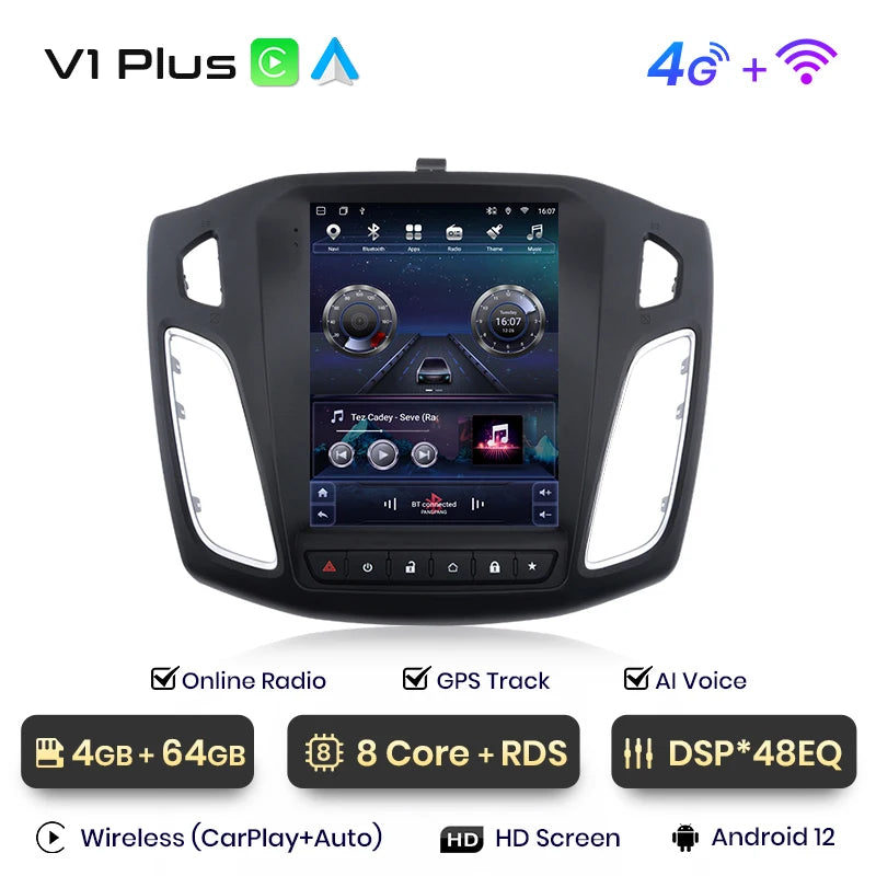 Junsun For Tesla Style Android Auto 4G Wireless Carplay DSP Car Radio Multimedia Player For Ford Focus MK 3 2012-2017 no 2din