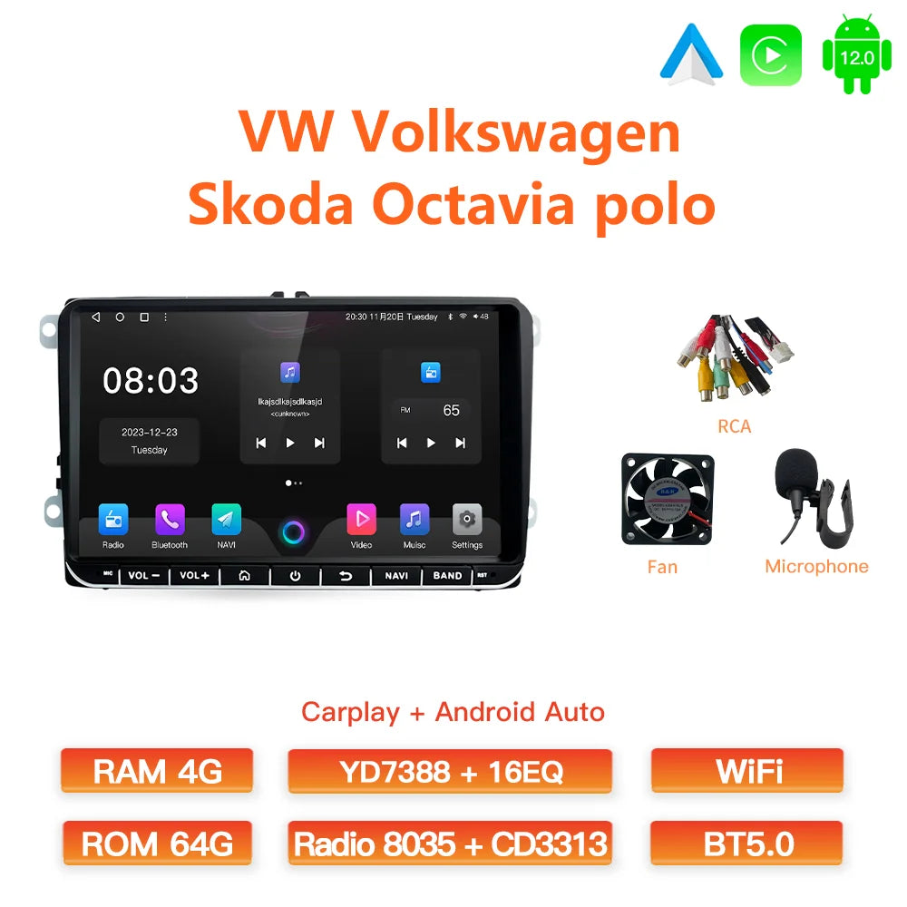 GATAXASKY 9" Car Radio multimedia player For VW Volkswagen Passat B7 B6 Golf Touran Polo Tiguan Jetta 2 din Android 12 Carplay