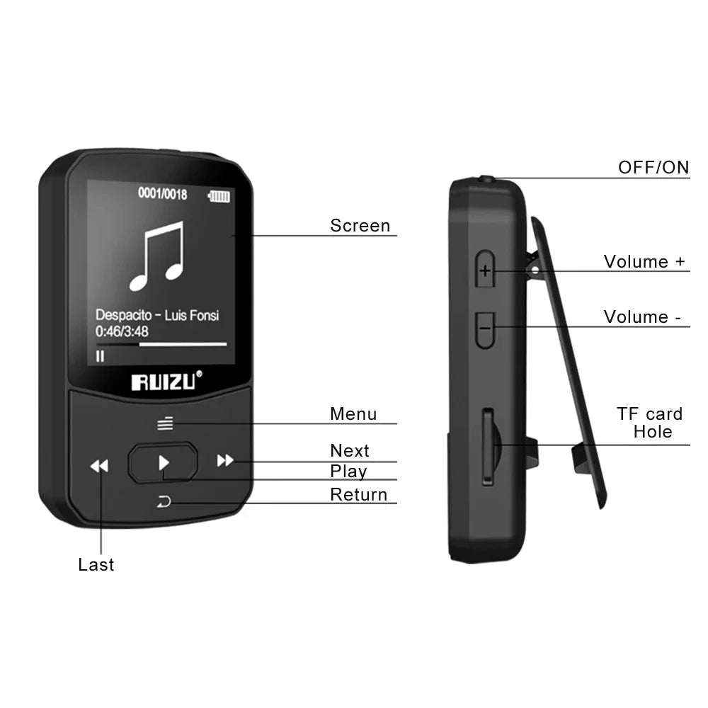 X52 Sport Bluetooth MP3 Player Portable Back clip Mini Music Walkman With Screen Support FM,Recording,Clock,Pedometer Radio