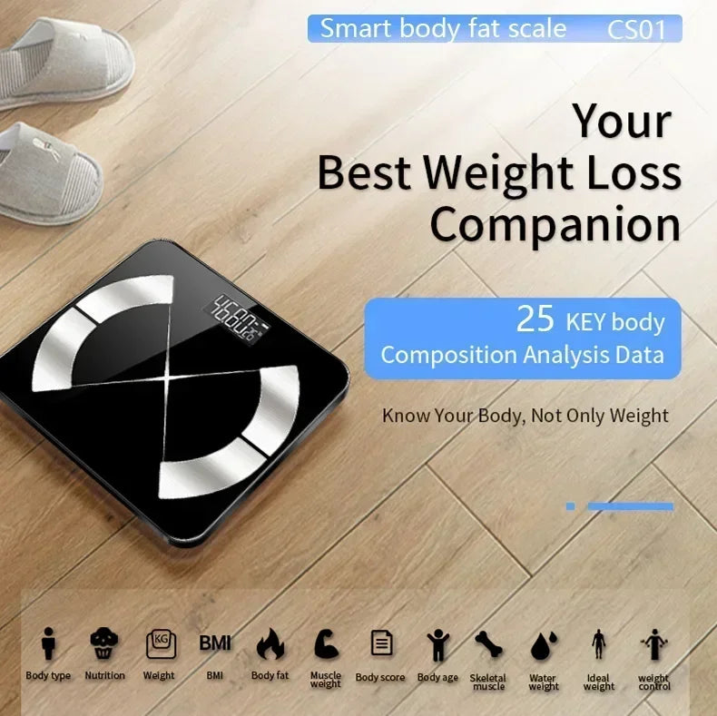 BMI Bluetooth Fat Scale Älykäs digitaalinen kylpyhuonepaino Langaton painovaaka USB-ladattava älypuhelinsovellus