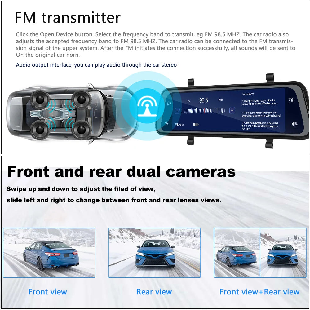 Podofo 9,66" 1080P Dash Cam CarPlay Mirror Monitor Takakamera Android Auto IPS Kosketusnäyttö Auto ADAS DVR Videotallennus