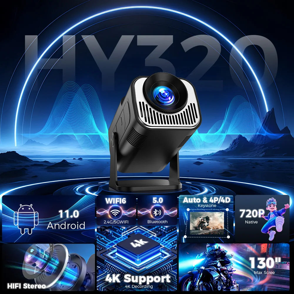 HY320 mini Android Projector Native 720P 1280*720P Support 4K Bluetooth WIFI6 Smart Video Projector Portable HDMI Auto Keystone