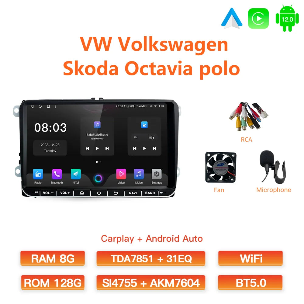 GATAXASKY 9" Car Radio multimedia player For VW Volkswagen Passat B7 B6 Golf Touran Polo Tiguan Jetta 2 din Android 12 Carplay
