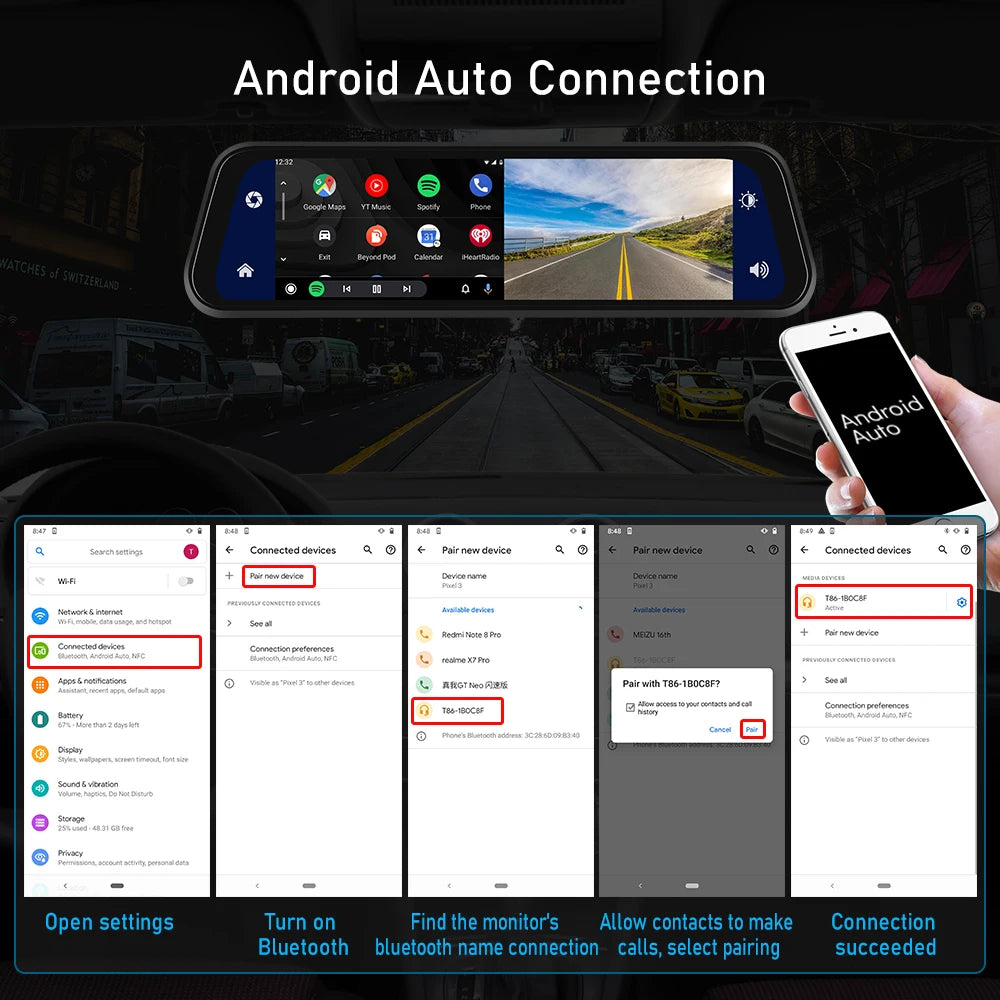 Podofo 9,66" 1080P Dash Cam CarPlay Mirror Monitor Takakamera Android Auto IPS Kosketusnäyttö Auto ADAS DVR Videotallennus