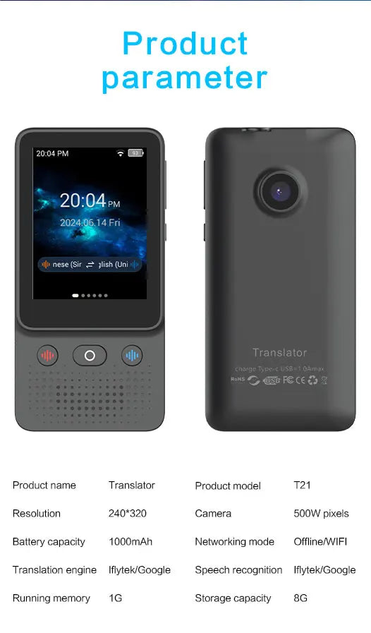 T21 Offline Portable Audio Translator 138 Language Smart Translator In Real Time Smart Voice AI Voice Photo Translator