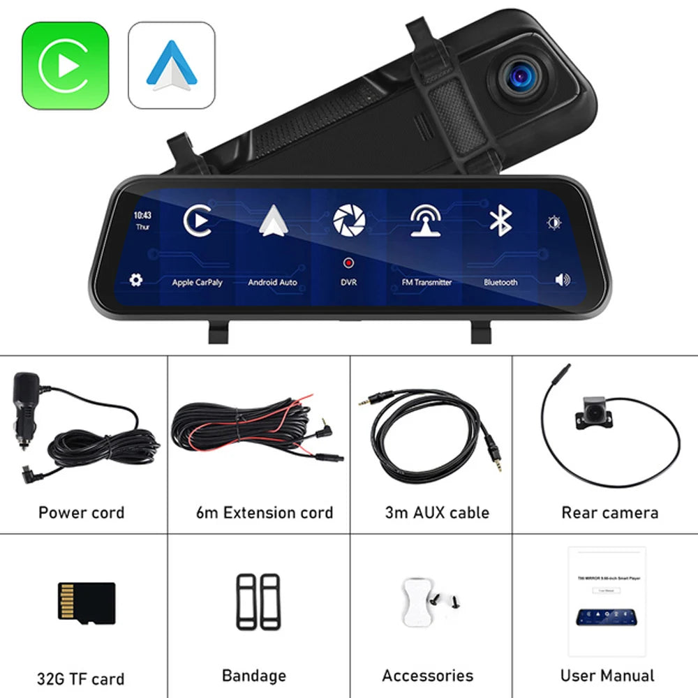 Podofo 9,66" 1080P Dash Cam CarPlay Mirror Monitor Takakamera Android Auto IPS Kosketusnäyttö Auto ADAS DVR Videotallennus