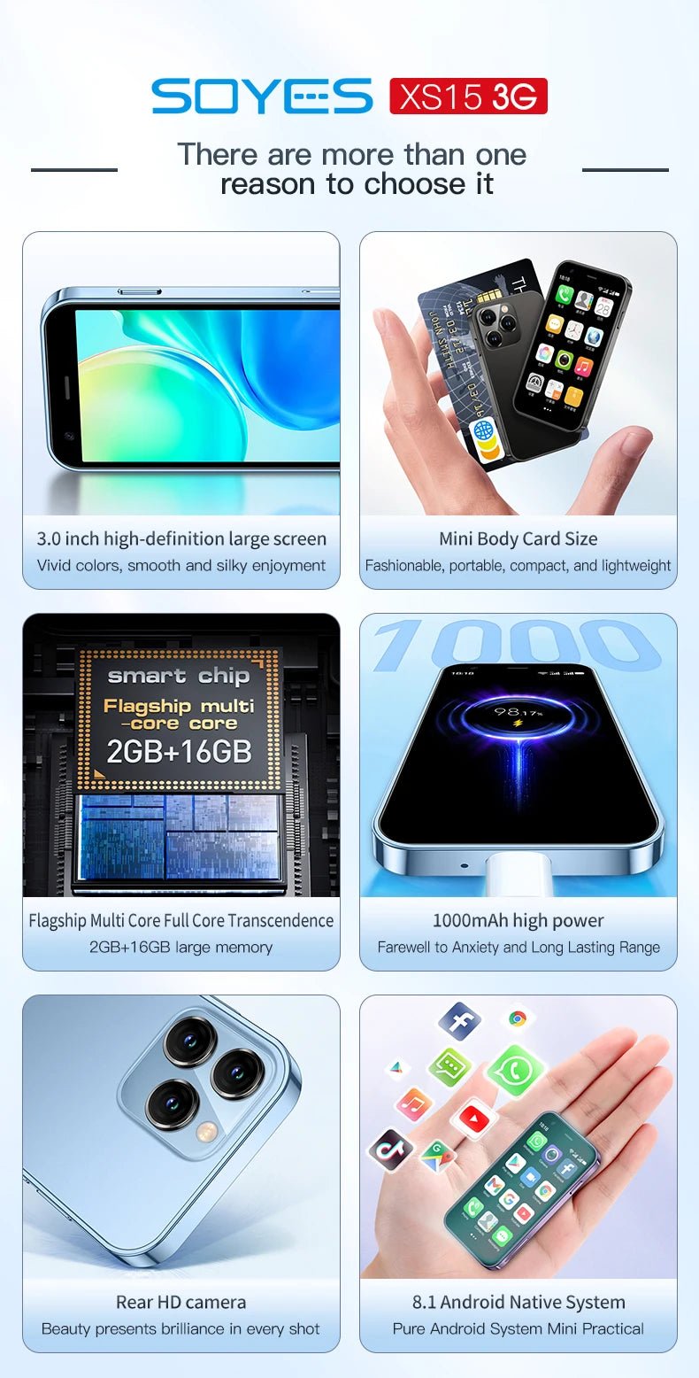 SOYES XS16/XS15 Mini Android Smartphone 3G/4G Network 2GB RAM 16GB ROM 3" Display 5MP Camera Dual SIM With Play Store WhatsAPP