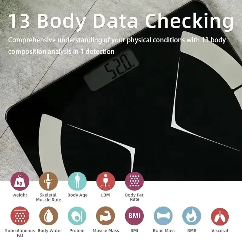 BMI Bluetooth Fat Scale Älykäs digitaalinen kylpyhuonepaino Langaton painovaaka USB-ladattava älypuhelinsovellus