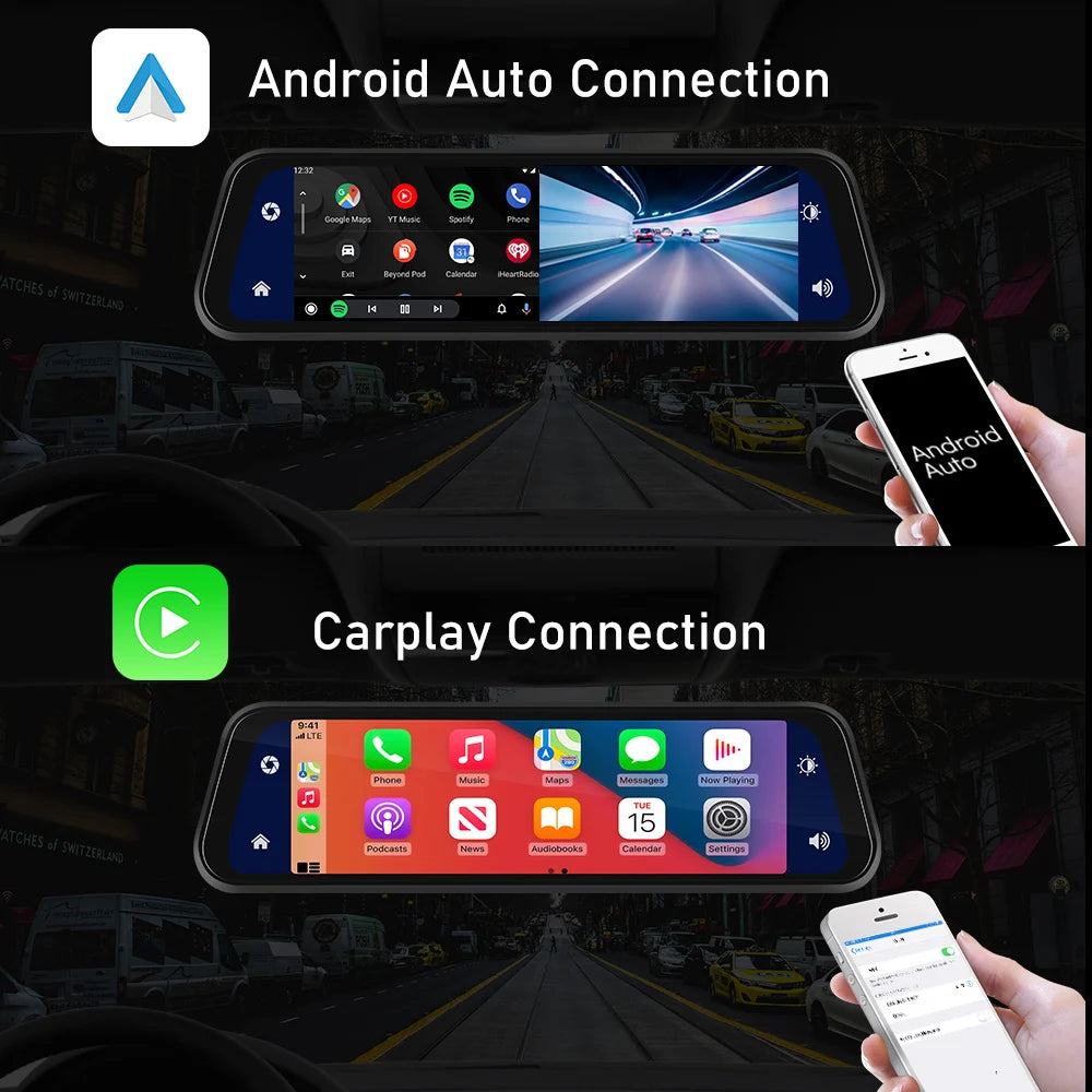 Podofo 9,66" 1080P Dash Cam CarPlay Mirror Monitor Takakamera Android Auto IPS Kosketusnäyttö Auto ADAS DVR Videotallennus