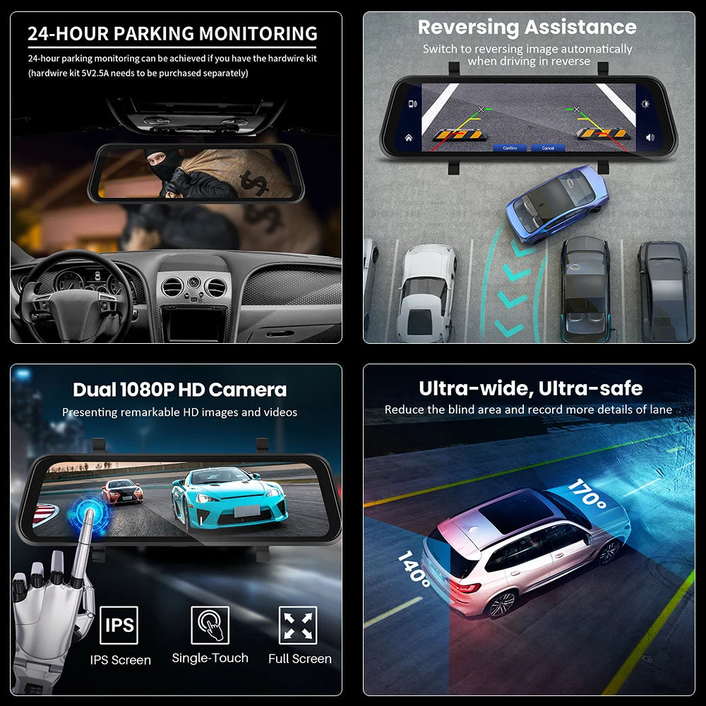 Podofo 9,66" 1080P Dash Cam CarPlay Mirror Monitor Takakamera Android Auto IPS Kosketusnäyttö Auto ADAS DVR Videotallennus