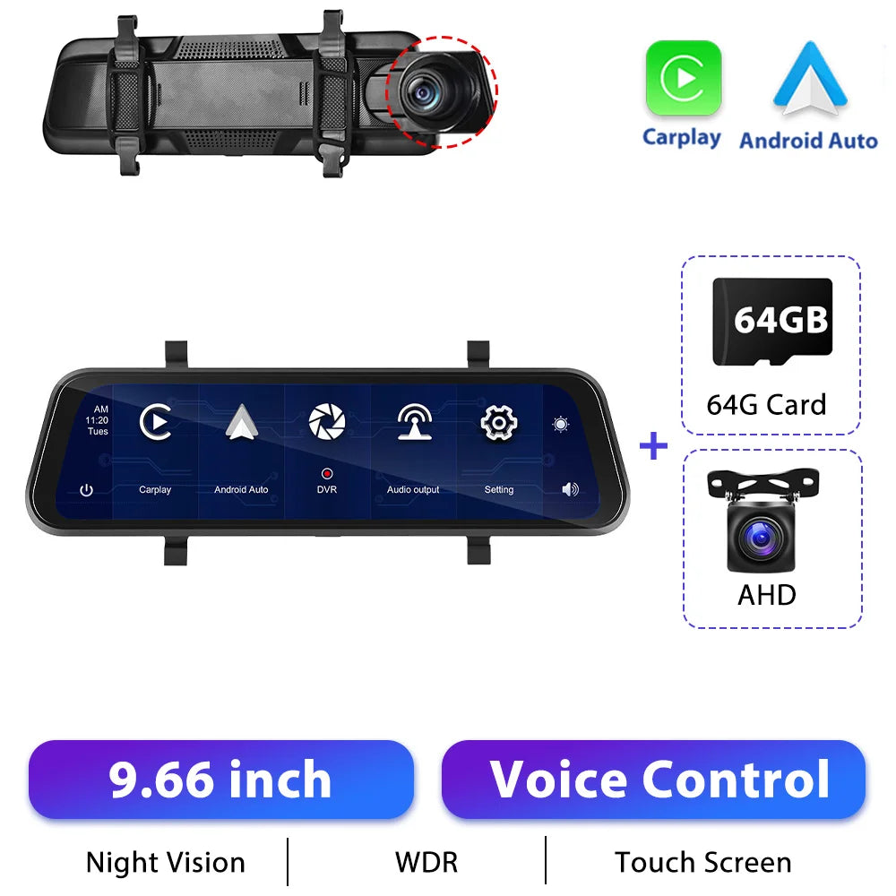 Podofo 9,66" 1080P Dash Cam CarPlay Mirror Monitor Takakamera Android Auto IPS Kosketusnäyttö Auto ADAS DVR Videotallennus