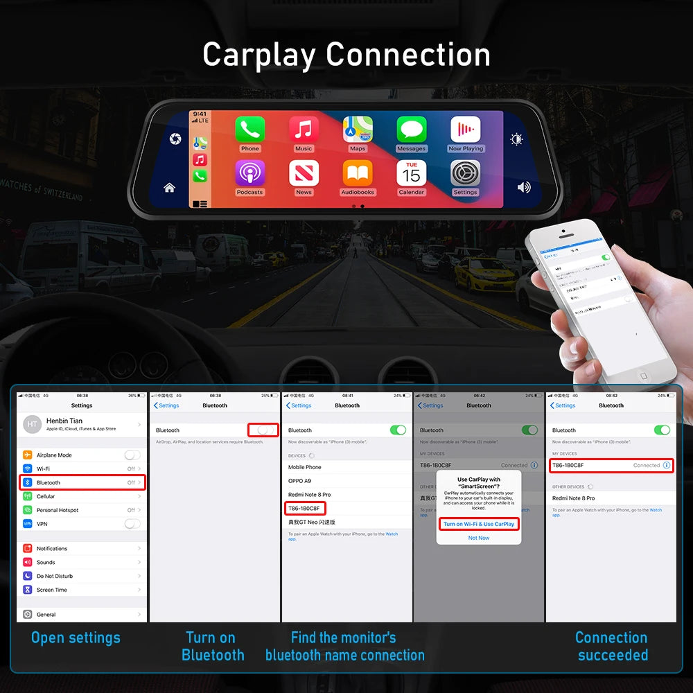 Podofo 9,66" 1080P Dash Cam CarPlay Mirror Monitor Takakamera Android Auto IPS Kosketusnäyttö Auto ADAS DVR Videotallennus