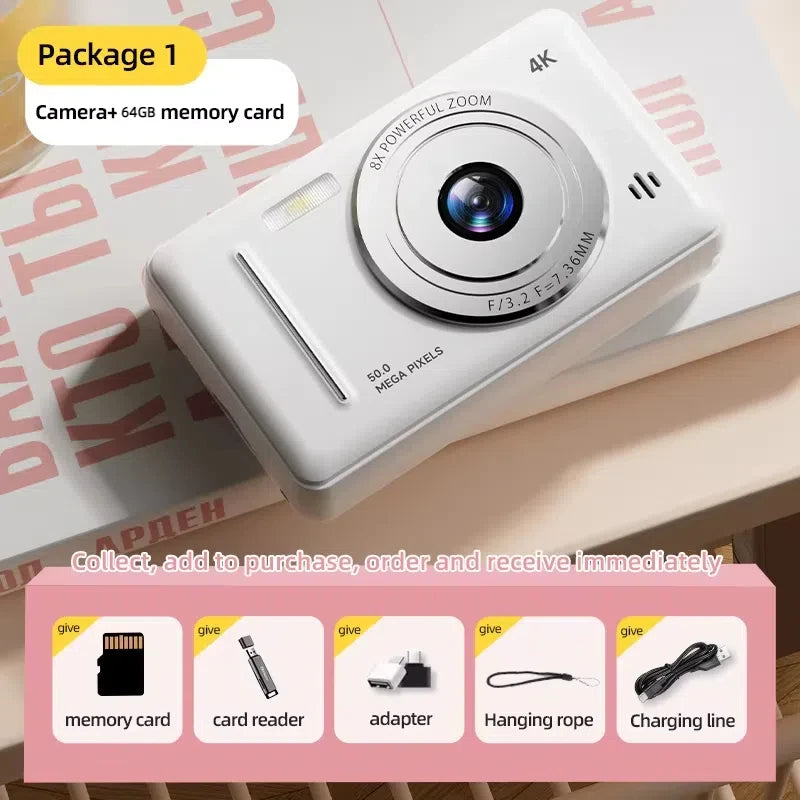 2025 New 4K Digital Camera Retro CCD 50 Million Pixels Portable Card Camera Entry-level Camera Dual Cam Flash 8X Zoom Auto Focus