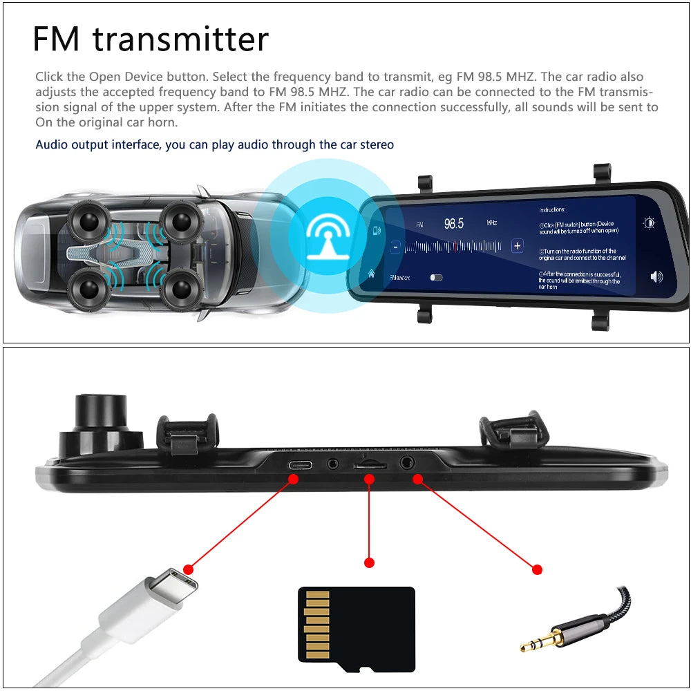 Podofo 9,66" 1080P Dash Cam CarPlay Mirror Monitor Takakamera Android Auto IPS Kosketusnäyttö Auto ADAS DVR Videotallennus
