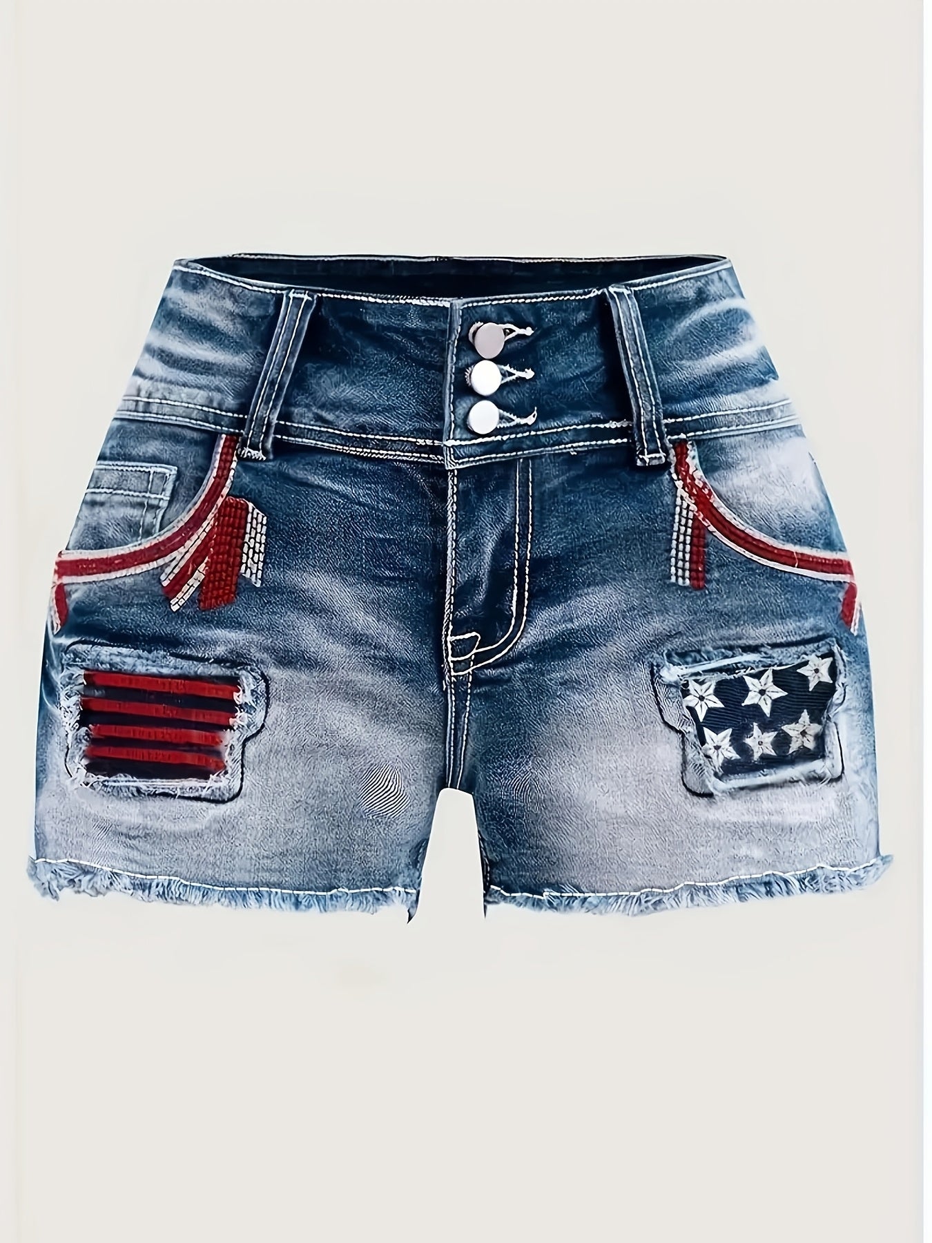 Naisten retrohenkiset rennot korkeavyötäröiset shortsit ainutlaatuisilla kirjailtuilla American Flag -napeilla.