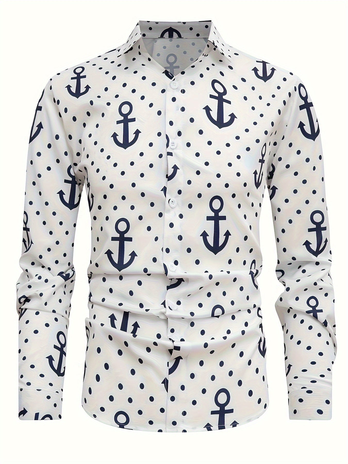 Men'S Casual Nautical Anchor Print Long Sleeve Shirt, 95% Polyester 5% Spandex, Regular Fit, Woven Fabric, Spring/Fall Season, Button Detail, Lapel Collar, 120gsm