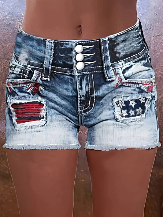 Naisten retrohenkiset rennot korkeavyötäröiset shortsit ainutlaatuisilla kirjailtuilla American Flag -napeilla.