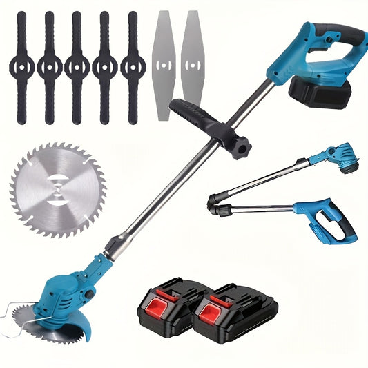 Electric Lawn Mower Trimmer Set with Adjustable Handle, 2 Rechargeable Batteries, Multiple Blade Attachments, 110V-240V, European Standard Plug
