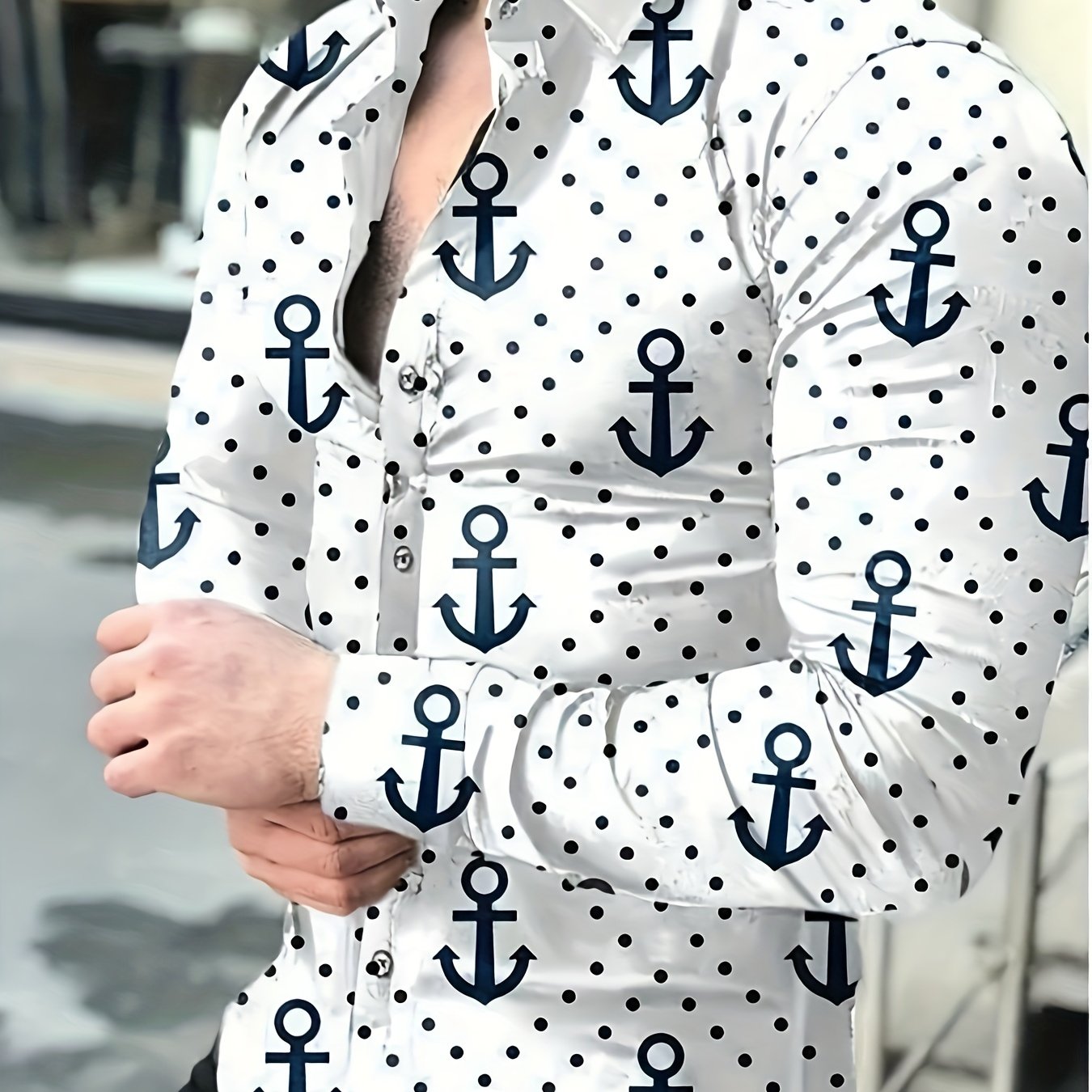 Men'S Casual Nautical Anchor Print Long Sleeve Shirt, 95% Polyester 5% Spandex, Regular Fit, Woven Fabric, Spring/Fall Season, Button Detail, Lapel Collar, 120gsm