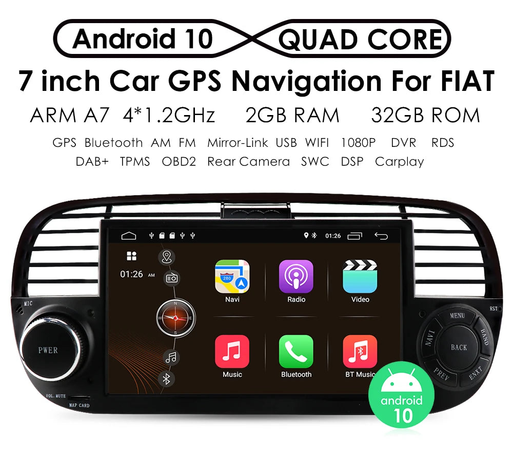 4G Carplay 2Din Android Auto Radio for FIAT 500 Car Multimedia Player Stereo GPS Navigation DVD Video DSP RDS DTV AM FM Audio BT