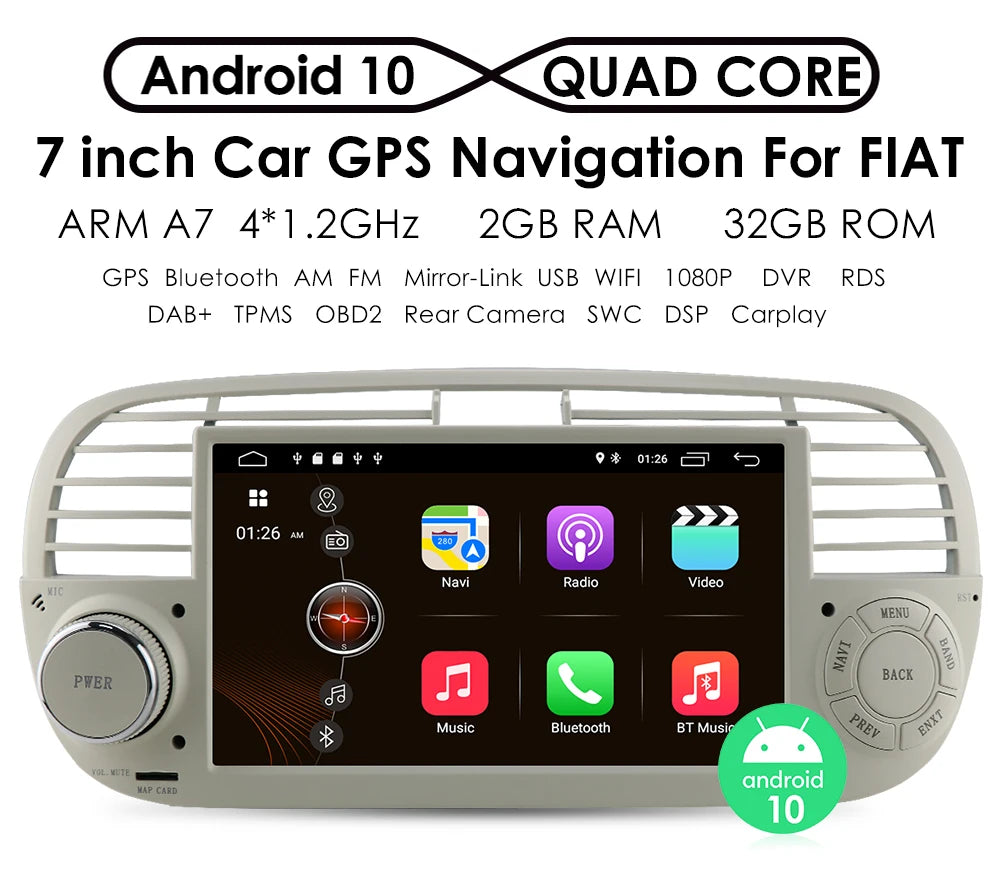 4G Carplay 2Din Android Auto Radio for FIAT 500 Car Multimedia Player Stereo GPS Navigation DVD Video DSP RDS DTV AM FM Audio BT