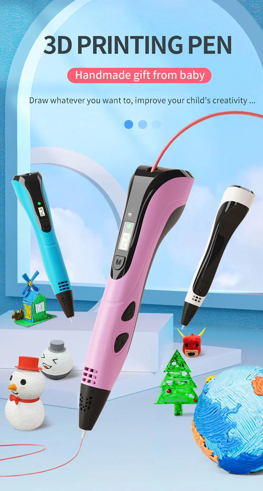 2025 New 3D Printing Pen DIY Three-dimensional Painting Children Toys With LCD Screen Power Adapter 200M PLA Filament Toys Gift