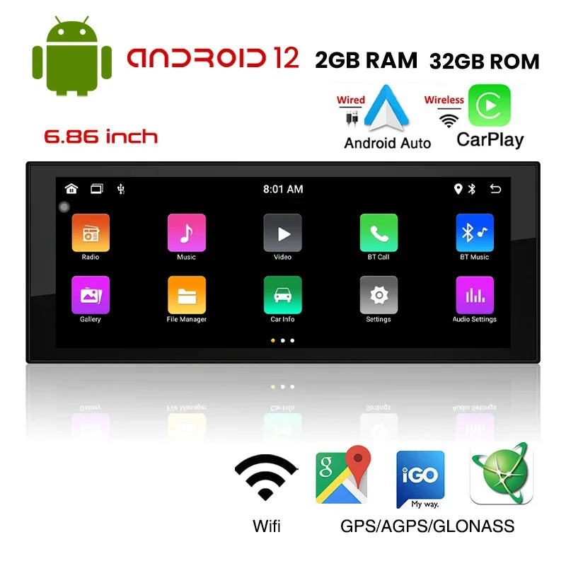 1 Din Android Car Radio Wireless CarPlay Mirror Link Bluetooth WiFi Android-Auto 6.86 Inches GPS Navigation Multimedia Player