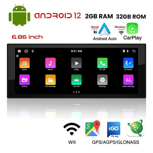 1 Din Android Car Radio Wireless CarPlay Mirror Link Bluetooth WiFi Android-Auto 6.86 Inches GPS Navigation Multimedia Player