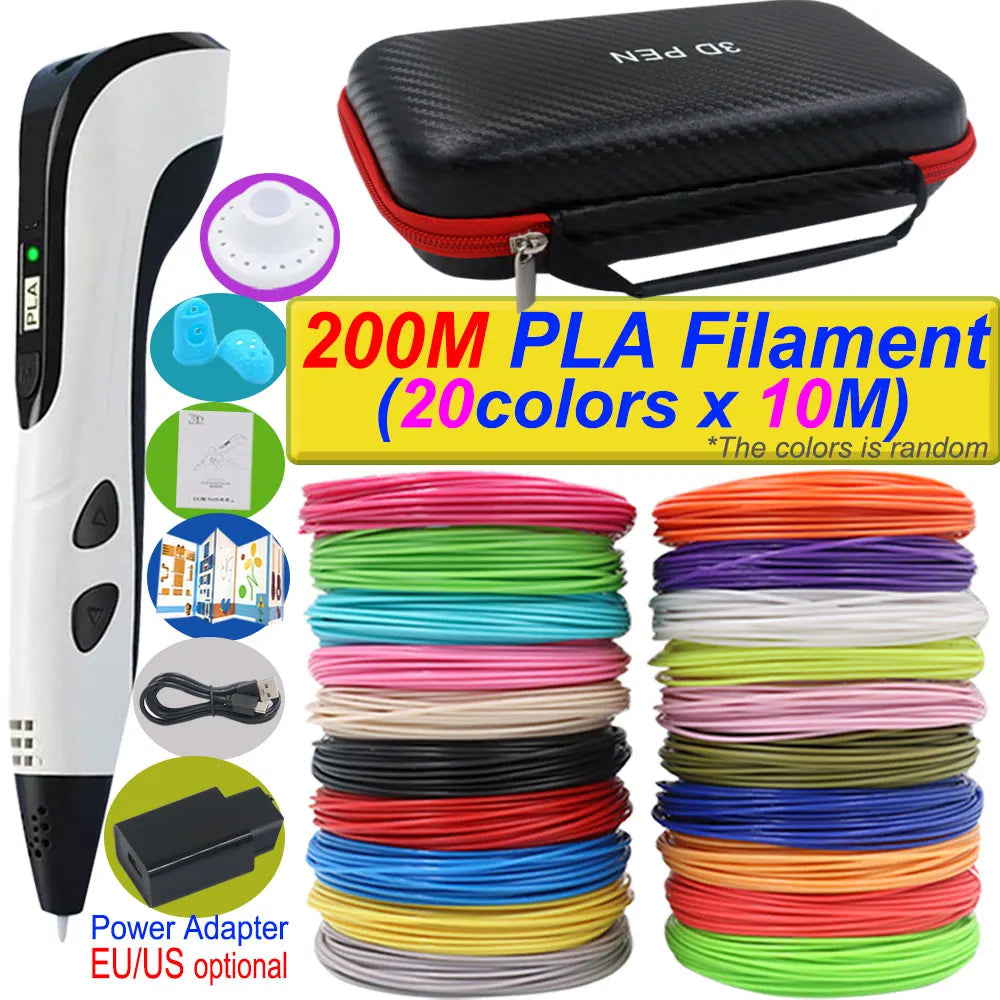 2025 New 3D Printing Pen DIY Three-dimensional Painting Children Toys With LCD Screen Power Adapter 200M PLA Filament Toys Gift