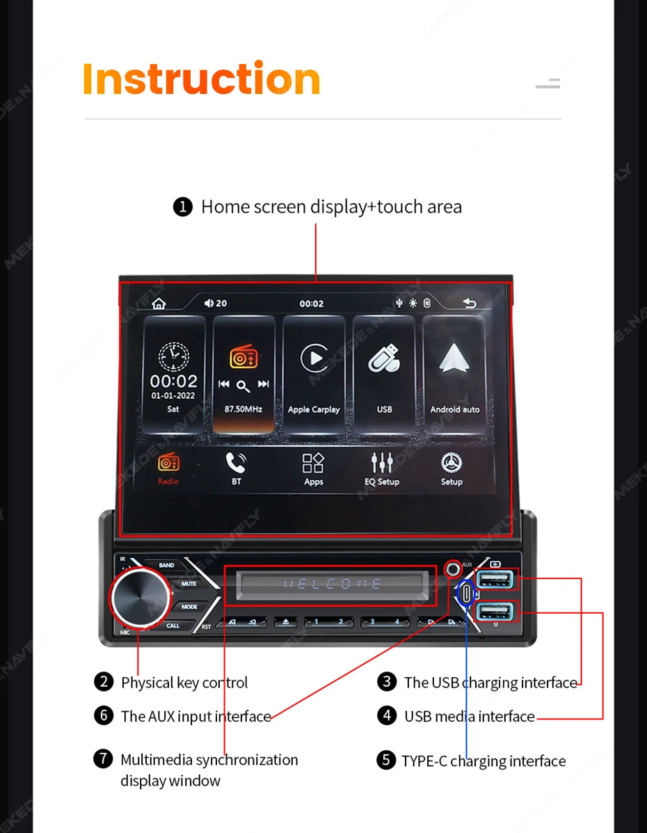 MEKEDE 1Din 7" Retractable Screen MP5 Player Car Radio Android Auto Carplay Universal GPS Navi Car Multimedia Intelligent System