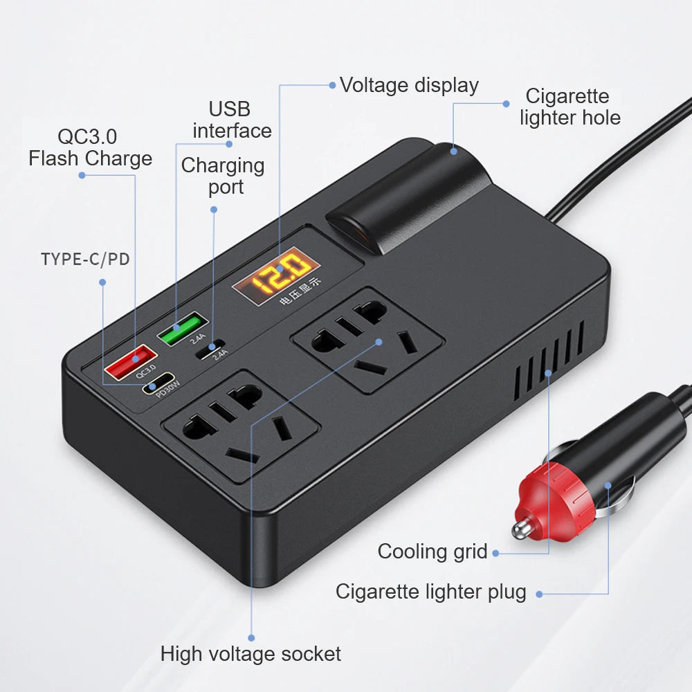 220W Power Inverter Car Mounted Solar Inverter USB Voltage Transformer Portable DC 12V To AC 220V Conversion USB Battery Clip