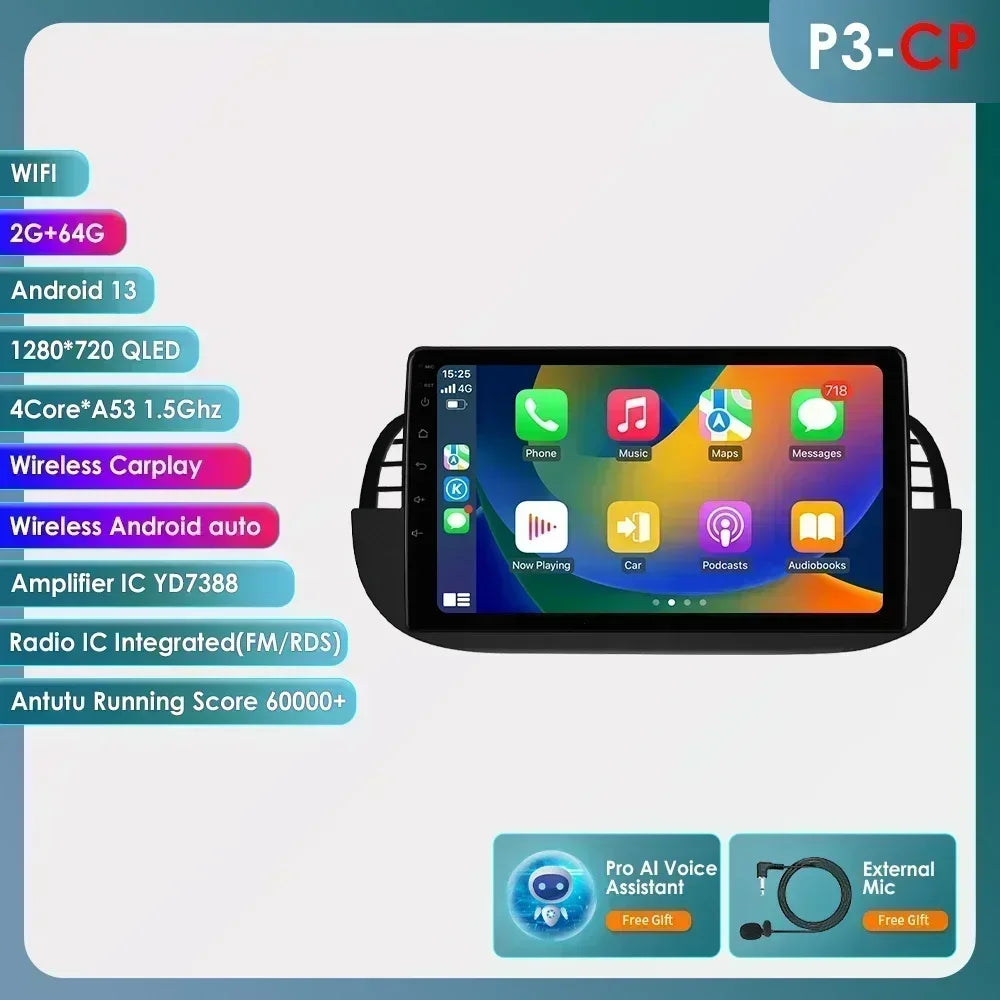 4G Carplay 2Din Android Auto Radio for FIAT 500 Car Multimedia Player Stereo GPS Navigation DVD Video DSP RDS DTV AM FM Audio BT