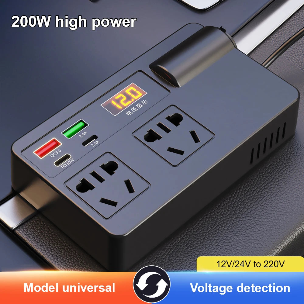 220W Power Inverter Car Mounted Solar Inverter USB Voltage Transformer Portable DC 12V To AC 220V Conversion USB Battery Clip