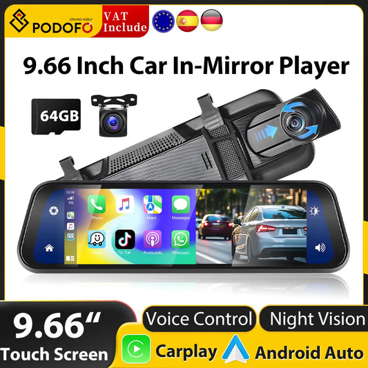 Podofo 9,66" 1080P Dash Cam CarPlay Mirror Monitor Takakamera Android Auto IPS Kosketusnäyttö Auto ADAS DVR Videotallennus